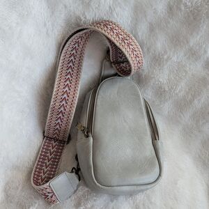 Neutral Vegan Leather Mini Crossbody w/ Woven Boho Strap